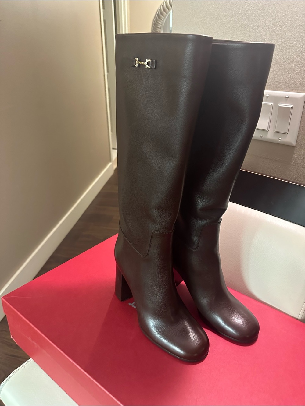 Salvatore Ferragamo Dark Brown Leather Knee Boots with Signature Bit